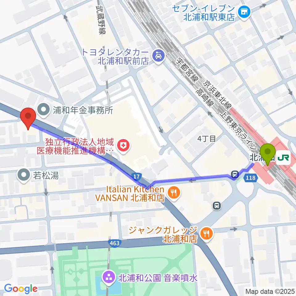 Royal Music Gardenの最寄駅北浦和駅からの徒歩ルート（約6分）地図