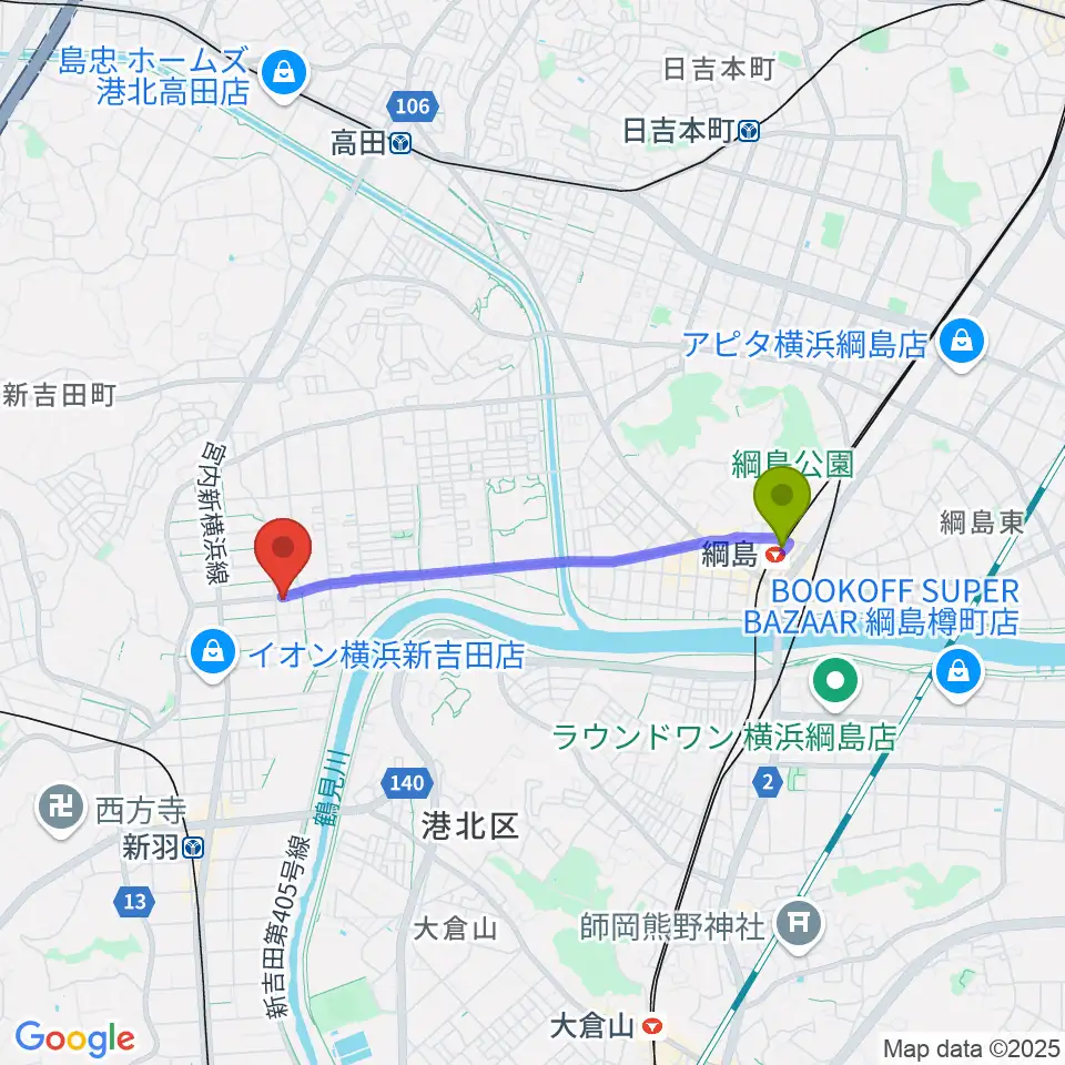 綱島駅から貝塚音楽教室へのルートマップ地図