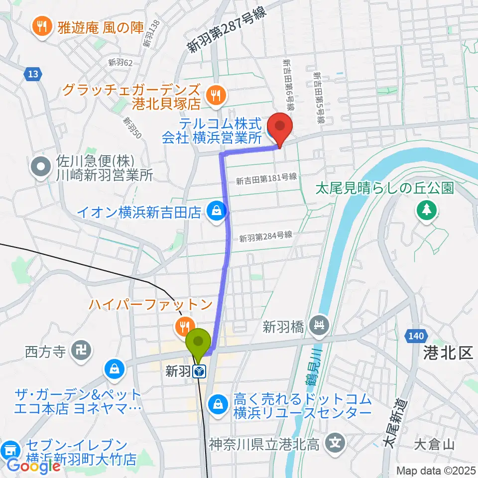 貝塚音楽教室の最寄駅新羽駅からの徒歩ルート（約15分）地図