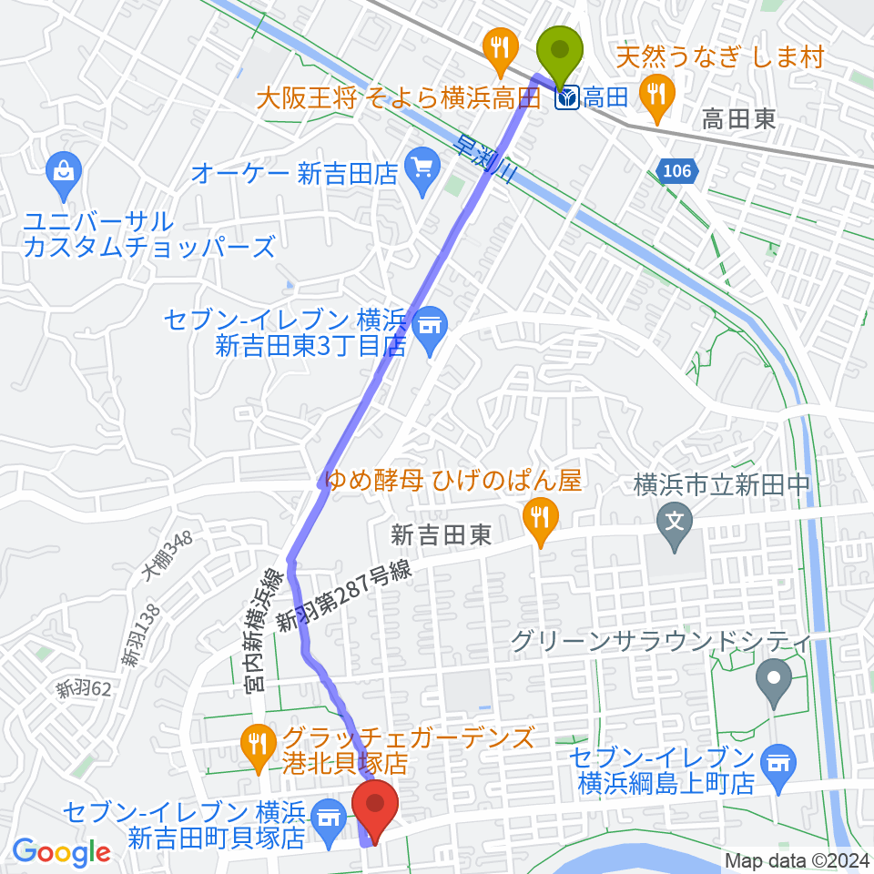 高田駅から貝塚音楽教室へのルートマップ地図
