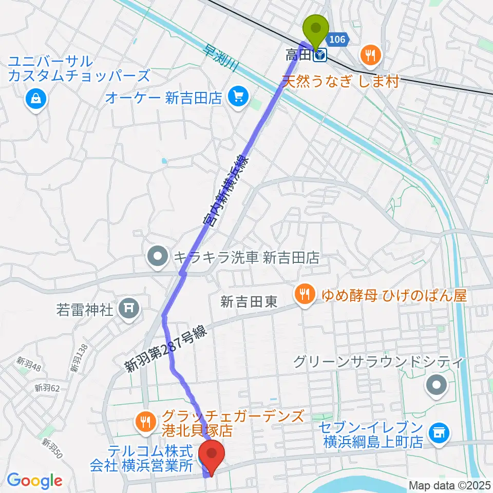 高田駅から貝塚音楽教室へのルートマップ地図