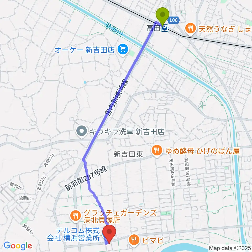 高田駅から貝塚音楽教室へのルートマップ地図