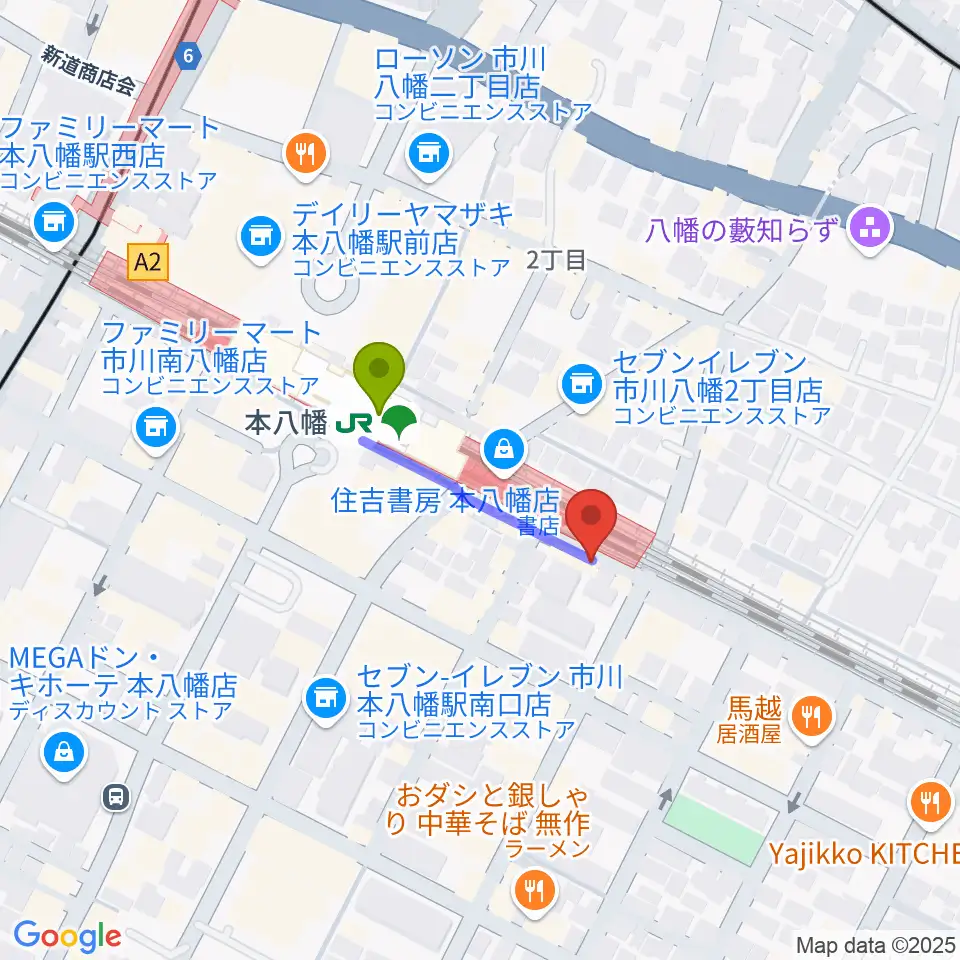 島村楽器 Wind & Repairの最寄駅本八幡駅からの徒歩ルート（約2分）地図
