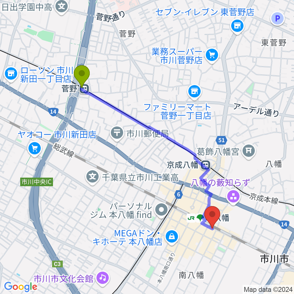 菅野駅から島村楽器 Wind & Repairへのルートマップ地図