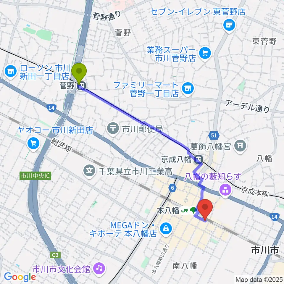 菅野駅から島村楽器 Wind & Repairへのルートマップ地図