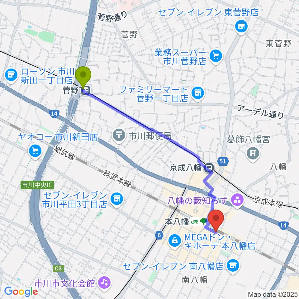 菅野駅から島村楽器 Wind & Repairへのルートマップ地図