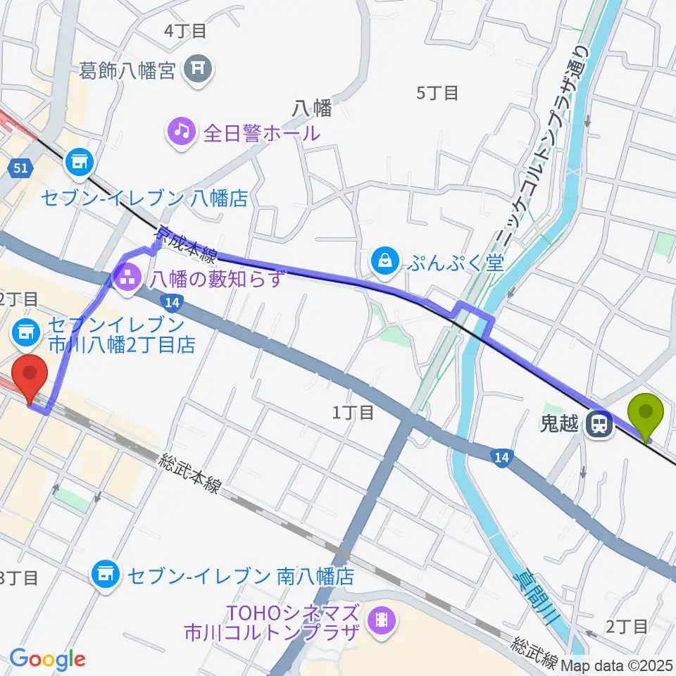 鬼越駅から島村楽器 Wind & Repairへのルートマップ地図