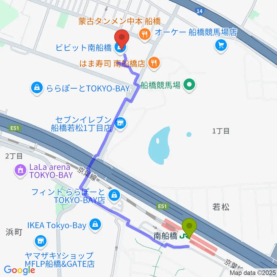 南船橋駅から島村楽器 ビビット南船橋店へのルートマップ地図