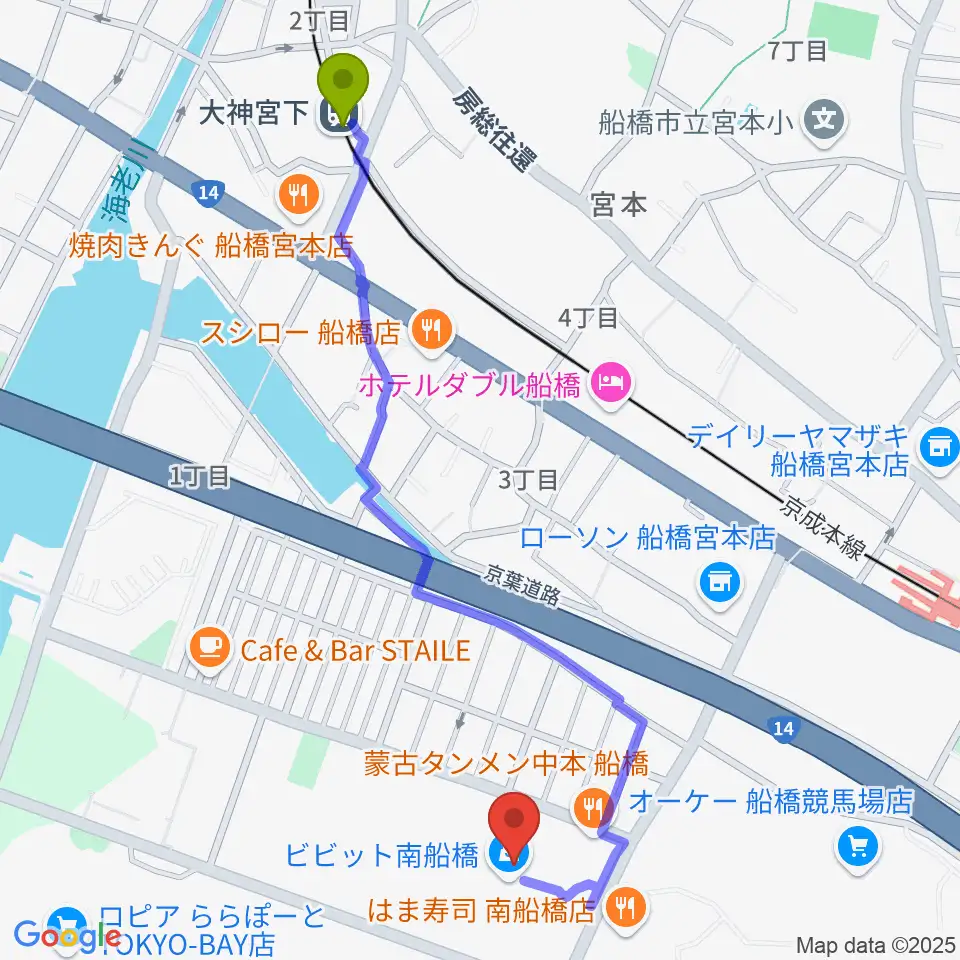 大神宮下駅から島村楽器 ビビット南船橋店へのルートマップ地図