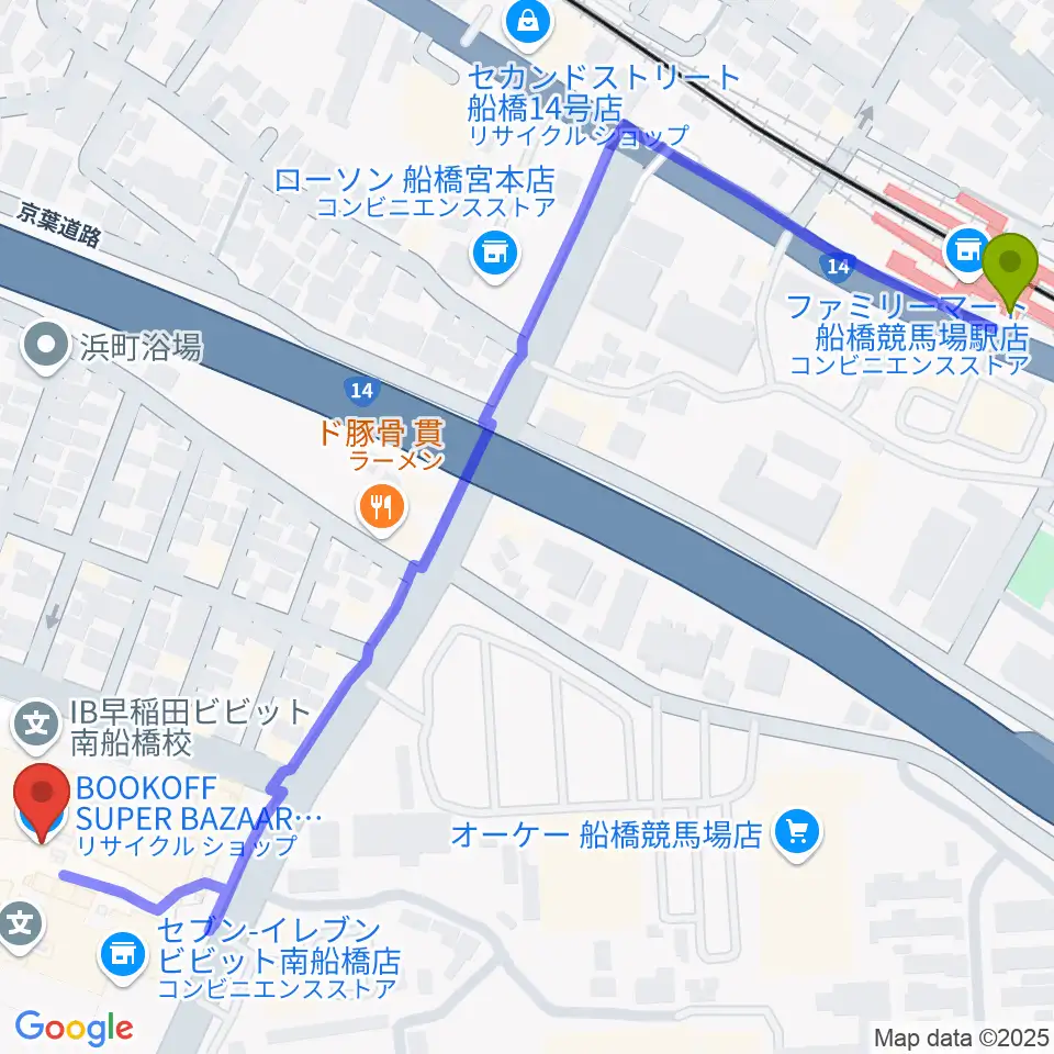 島村楽器 ビビット南船橋店の最寄駅船橋競馬場駅からの徒歩ルート（約8分）地図