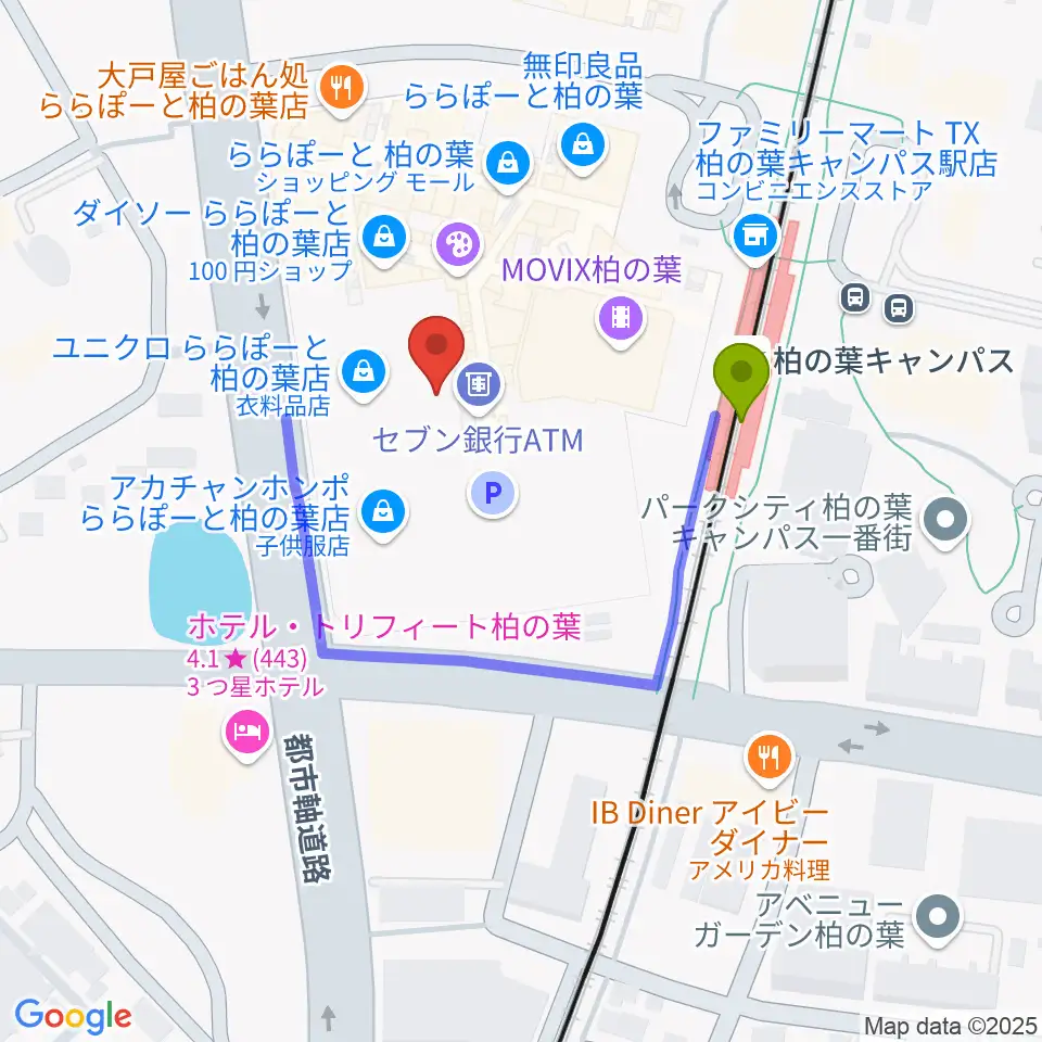 島村楽器 ららぽーと柏の葉店の最寄駅柏の葉キャンパス駅からの徒歩ルート（約2分）地図