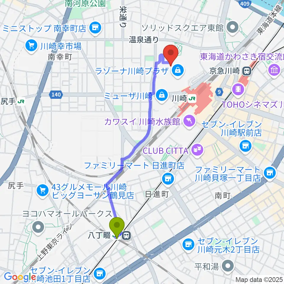 八丁畷駅から島村楽器 ラゾーナ川崎店へのルートマップ地図