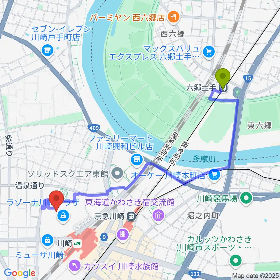 六郷土手駅から島村楽器 ラゾーナ川崎店へのルートマップ地図