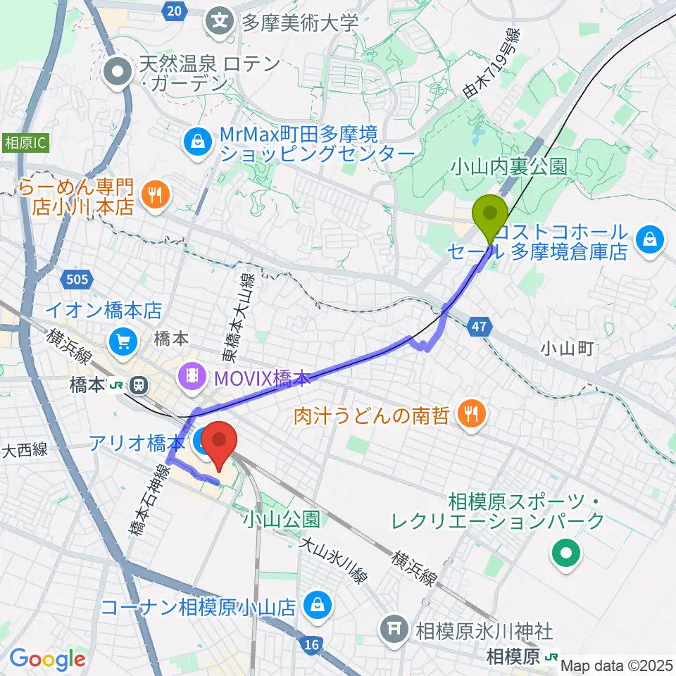 多摩境駅から島村楽器 アリオ橋本店へのルートマップ地図