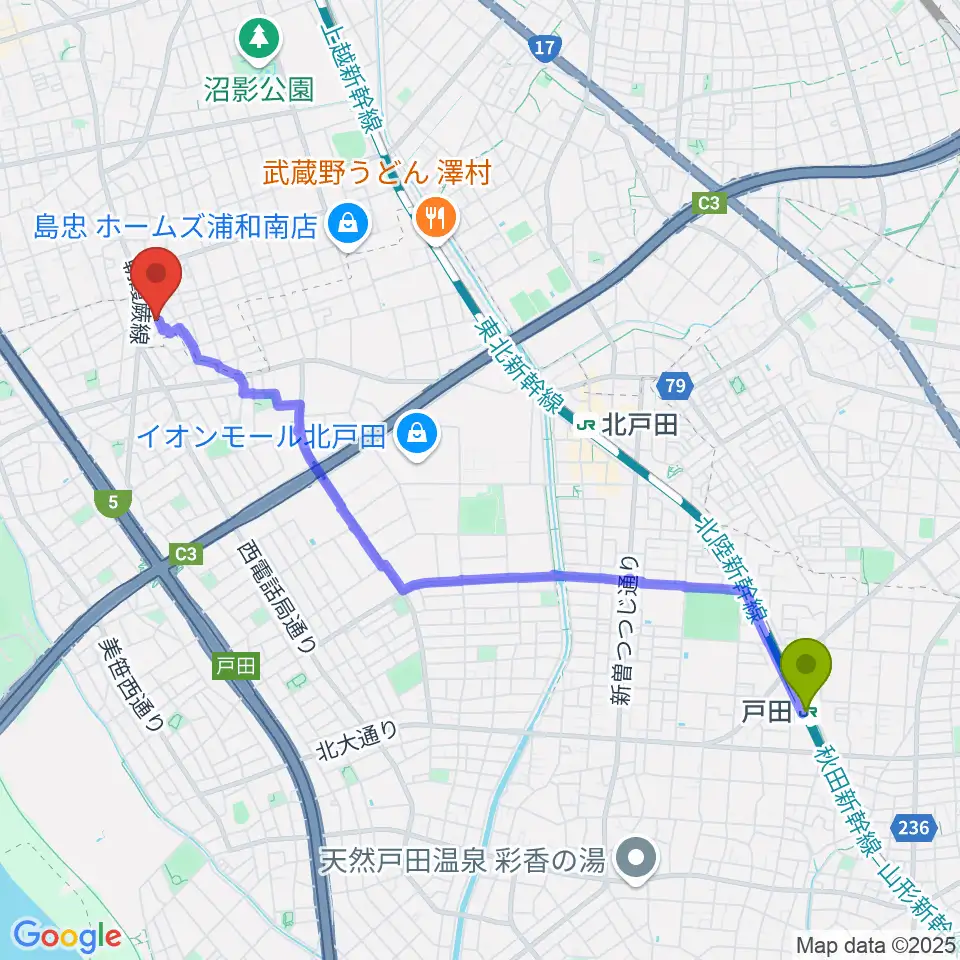 戸田駅から島村楽器 ピアノセレクションセンターへのルートマップ地図