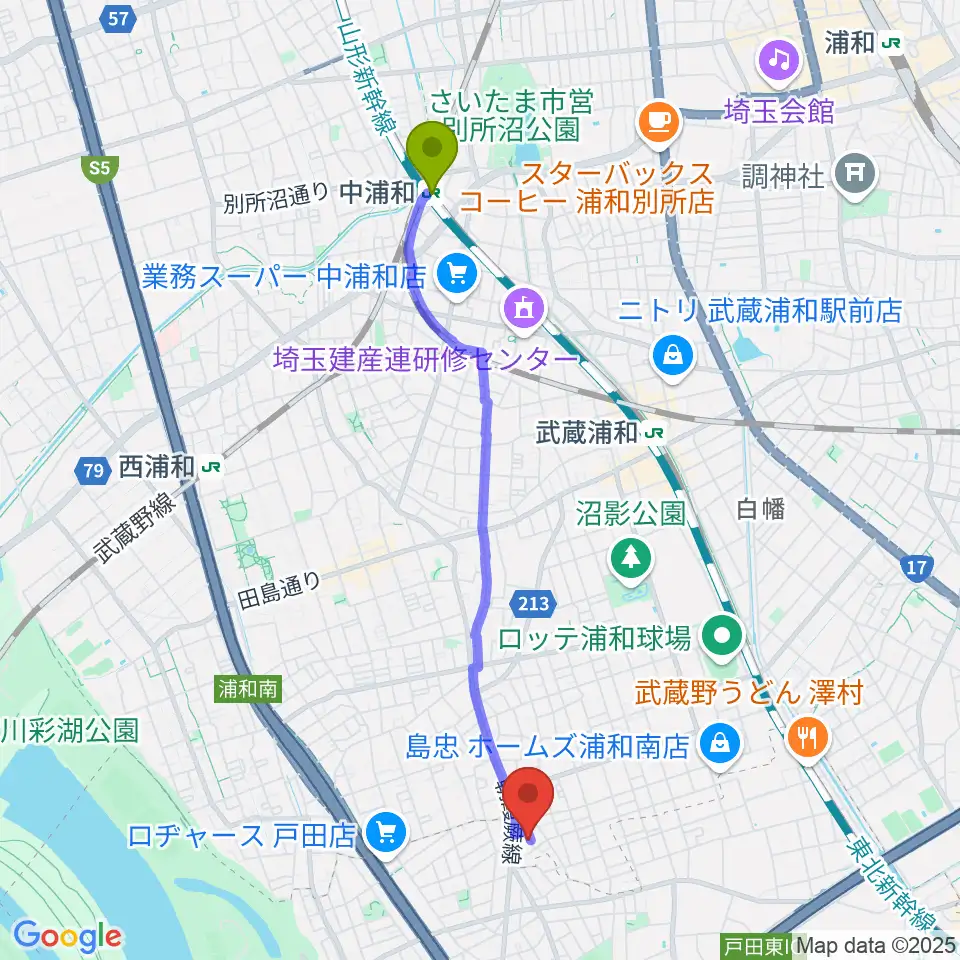 中浦和駅から島村楽器 ピアノセレクションセンターへのルートマップ地図