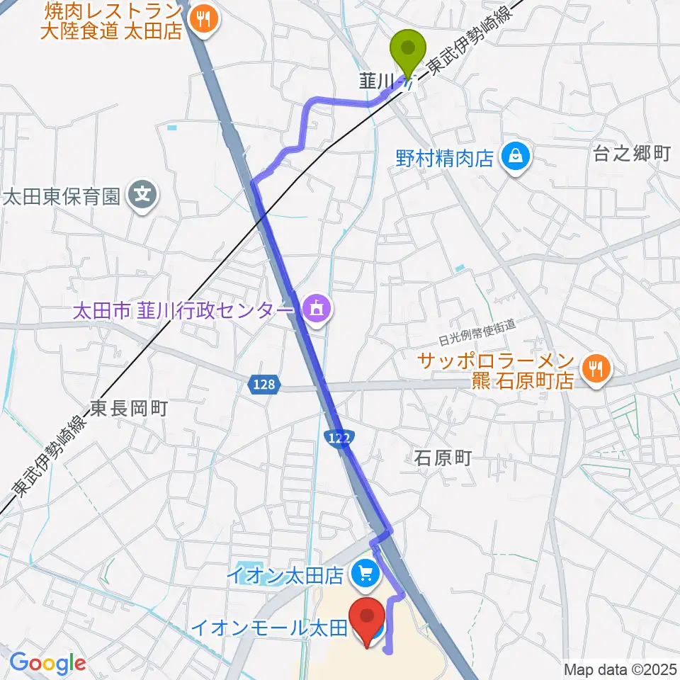 島村楽器 イオンモール太田店の最寄駅韮川駅からの徒歩ルート（約26分）地図