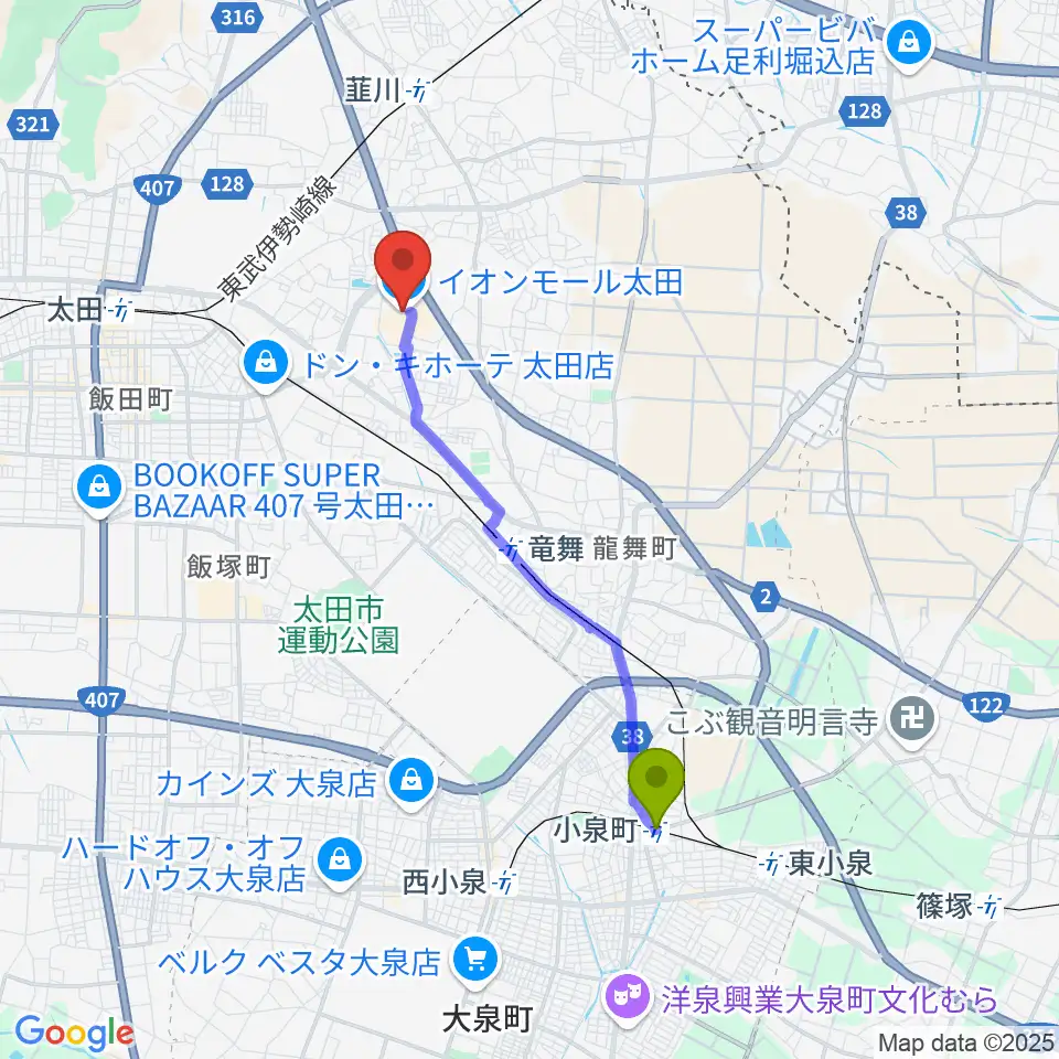小泉町駅から島村楽器 イオンモール太田店へのルートマップ地図