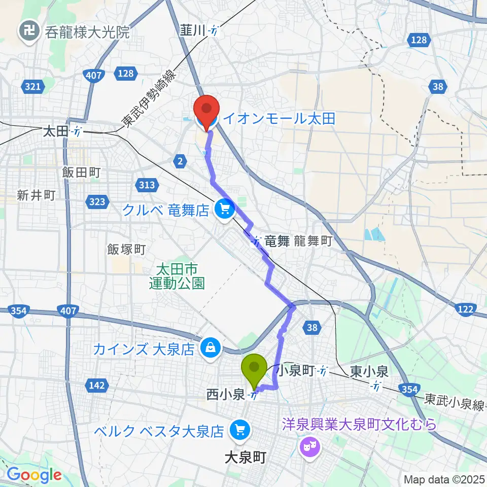 西小泉駅から島村楽器 イオンモール太田店へのルートマップ地図