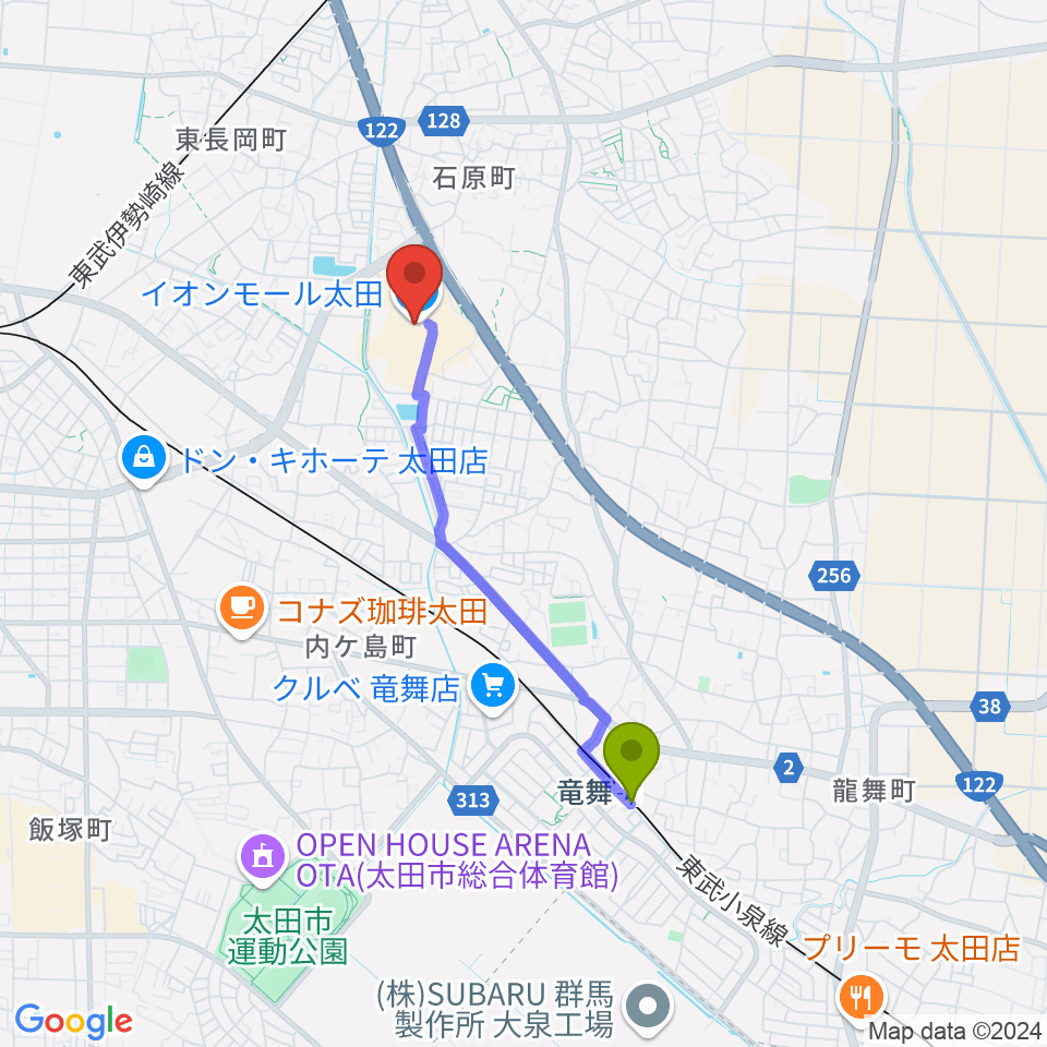 竜舞駅から島村楽器 イオンモール太田店へのルートマップ地図