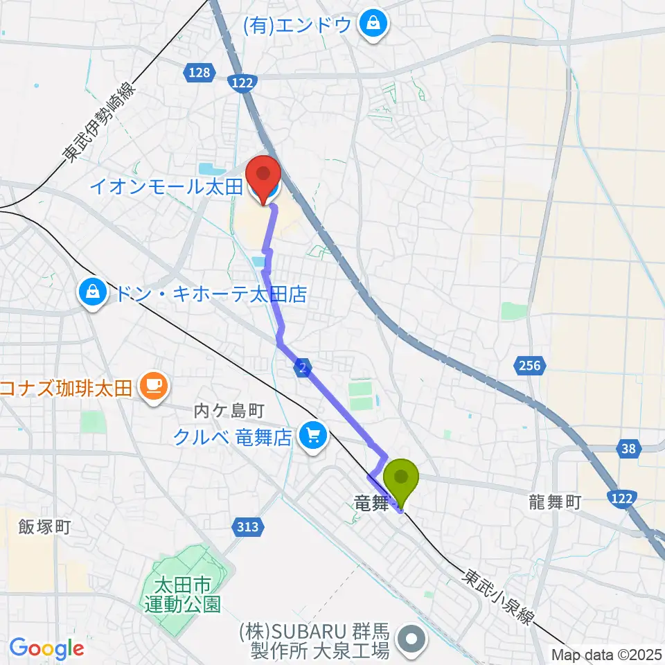 竜舞駅から島村楽器 イオンモール太田店へのルートマップ地図