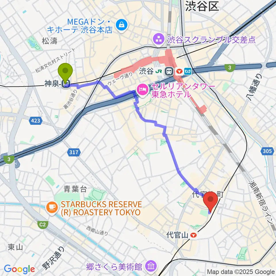 神泉駅からギタートレーダーズ東京へのルートマップ地図