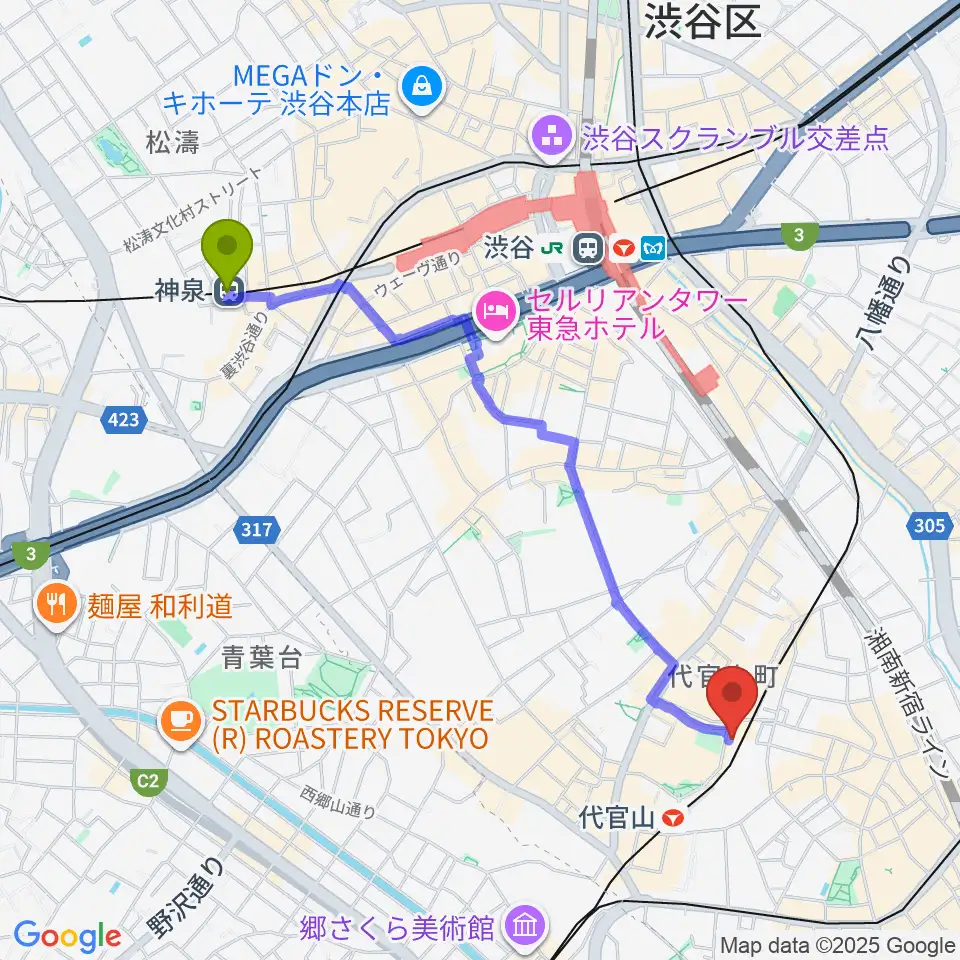神泉駅からギタートレーダーズ東京へのルートマップ地図