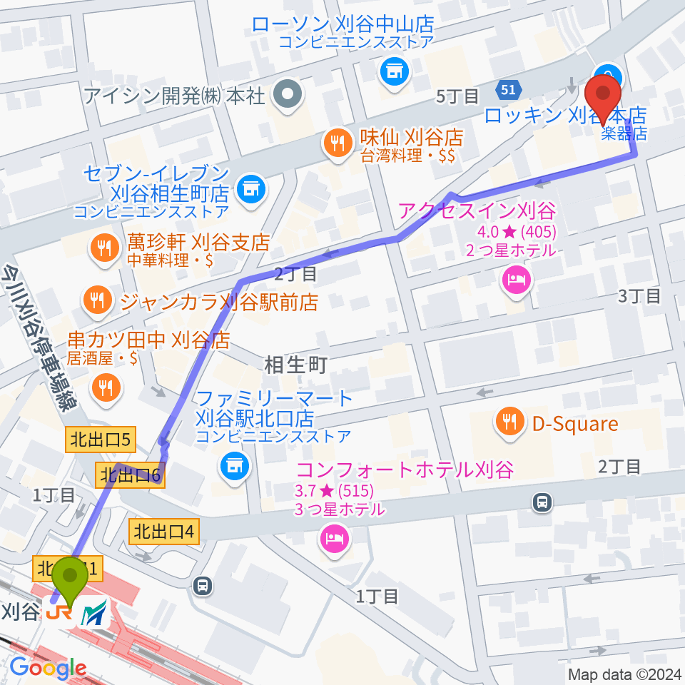 ロッキン刈谷本店の最寄駅刈谷駅からの徒歩ルート（約8分）地図