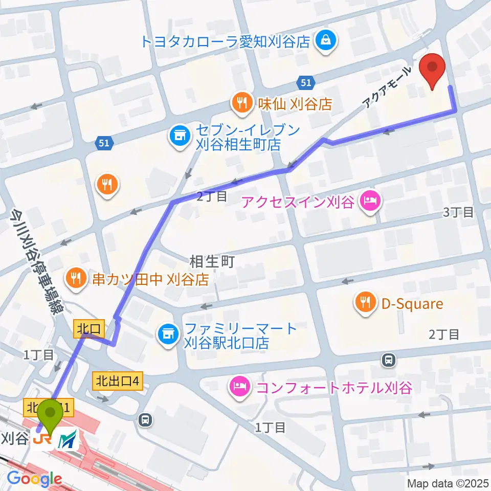 ロッキン刈谷本店の最寄駅刈谷駅からの徒歩ルート（約8分）地図