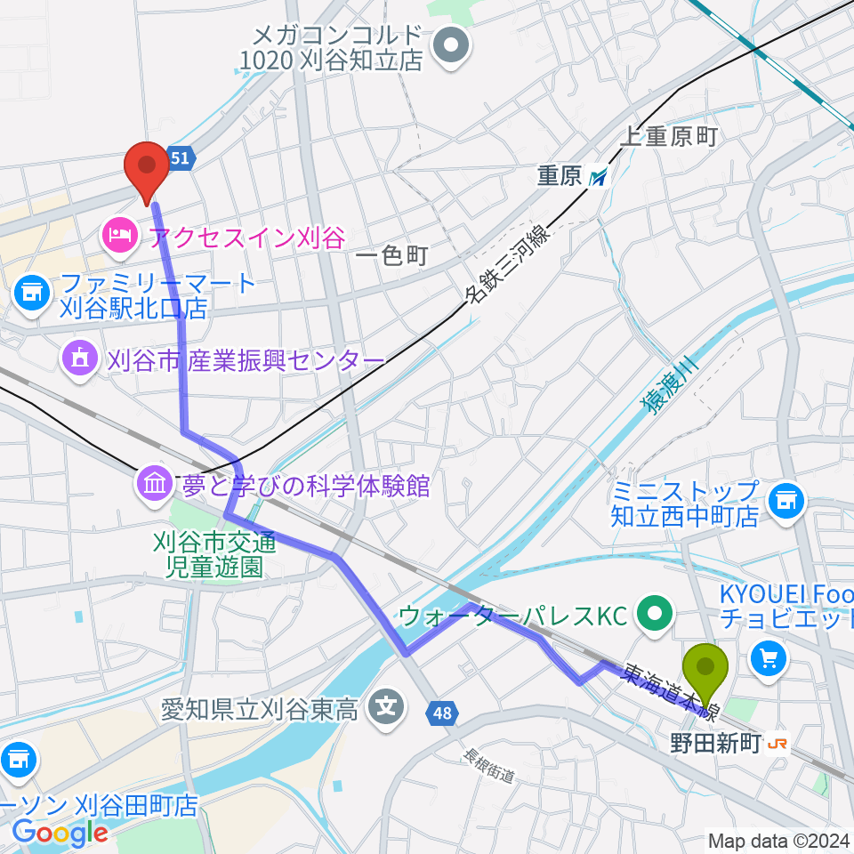 野田新町駅からロッキン刈谷本店へのルートマップ地図