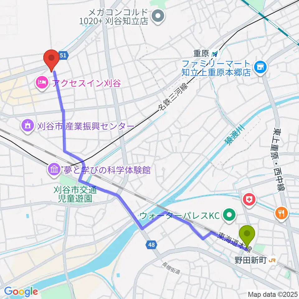 野田新町駅からロッキン刈谷本店へのルートマップ地図