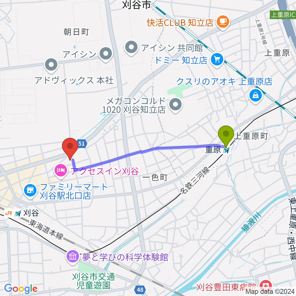 重原駅からロッキン刈谷本店へのルートマップ地図