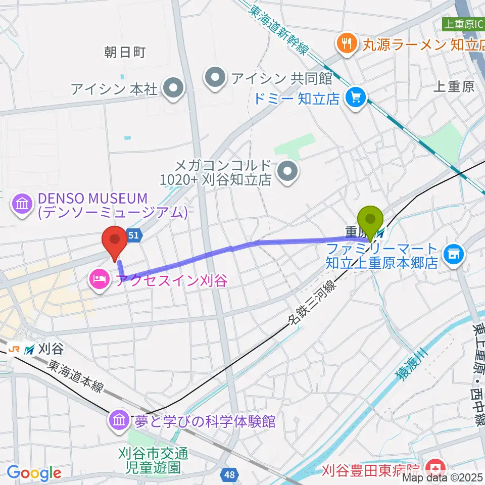 重原駅からロッキン刈谷本店へのルートマップ地図