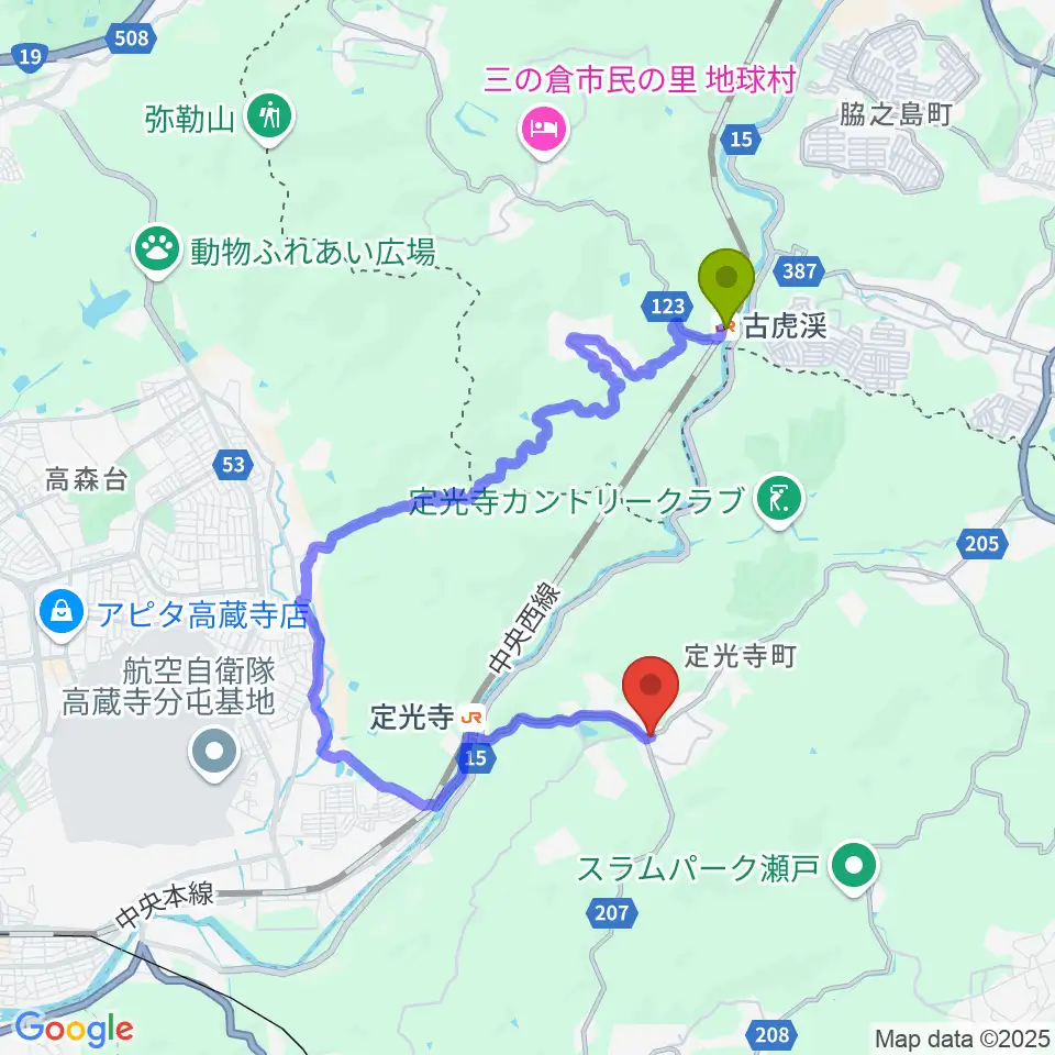 古虎渓駅からLOTUS GUITARSへのルートマップ地図