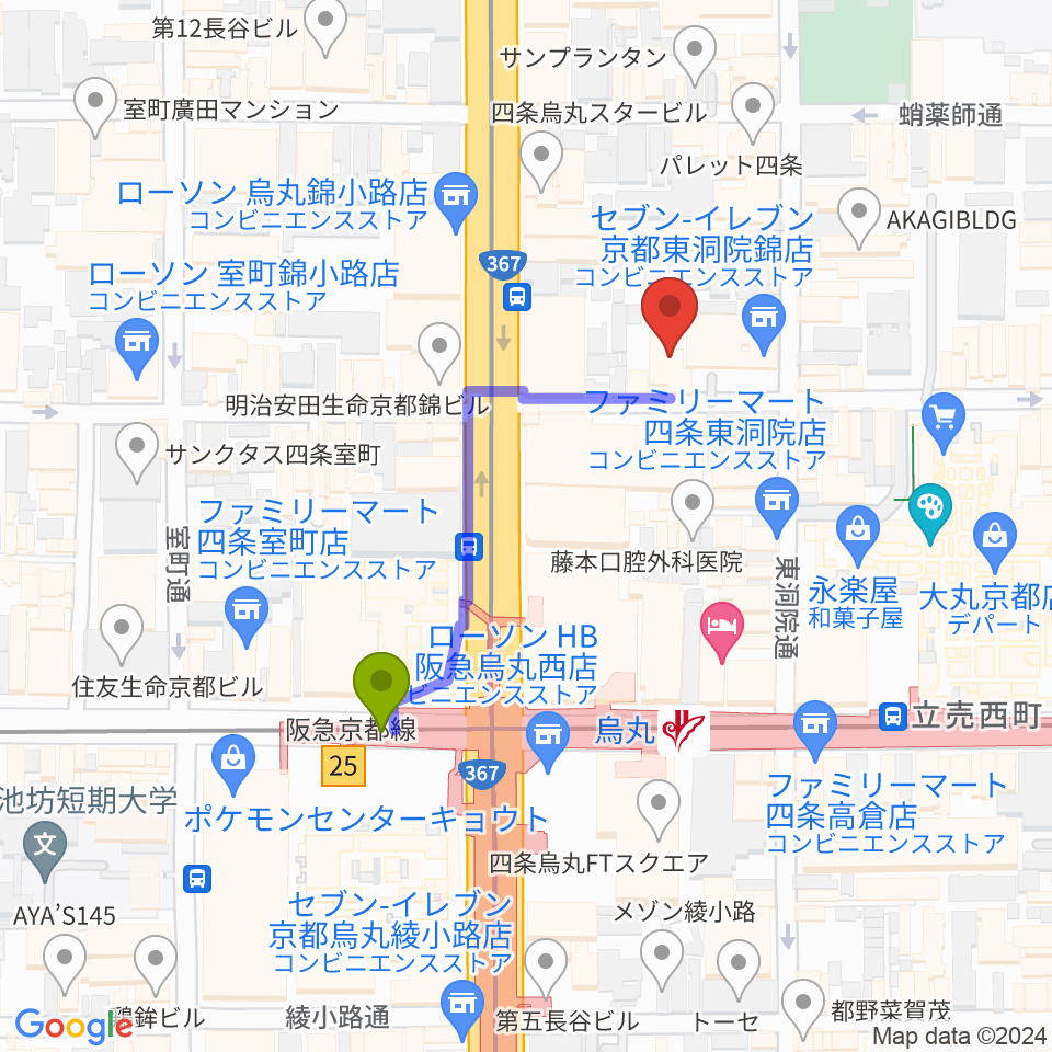 京都フィールドスタジオの最寄駅烏丸駅からの徒歩ルート（約4分）地図