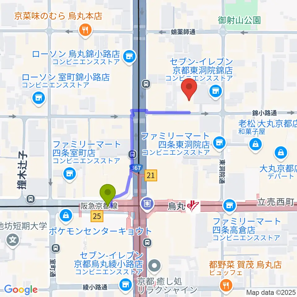 京都フィールドスタジオの最寄駅烏丸駅からの徒歩ルート（約4分）地図