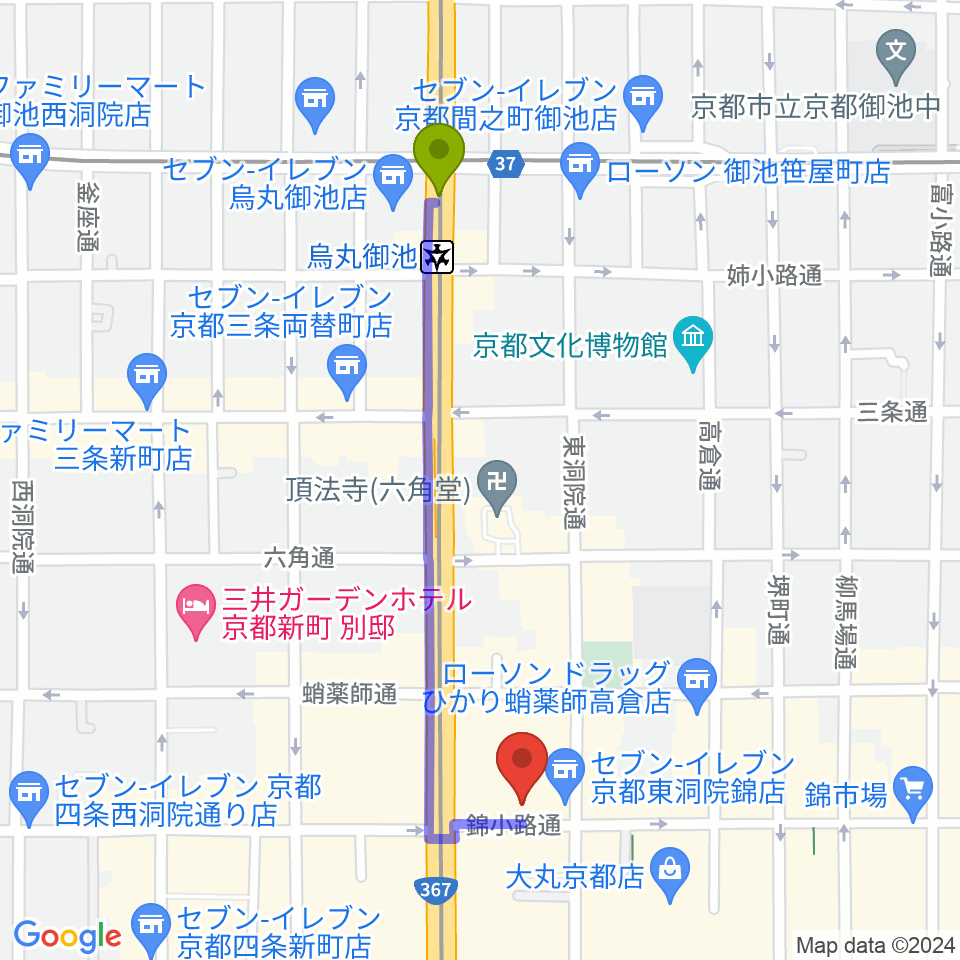 烏丸御池駅から京都フィールドスタジオへのルートマップ地図