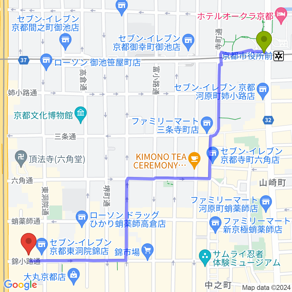京都市役所前駅から京都フィールドスタジオへのルートマップ地図