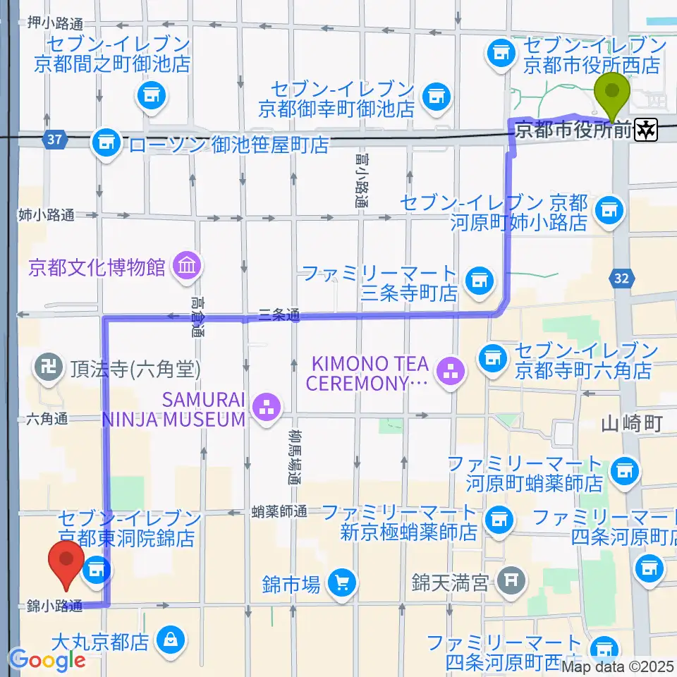京都市役所前駅から京都フィールドスタジオへのルートマップ地図