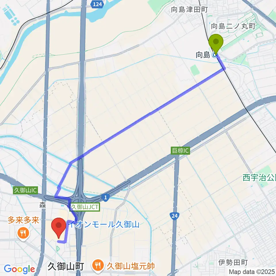 向島駅からJEUGIA イオンモール久御山店へのルートマップ地図