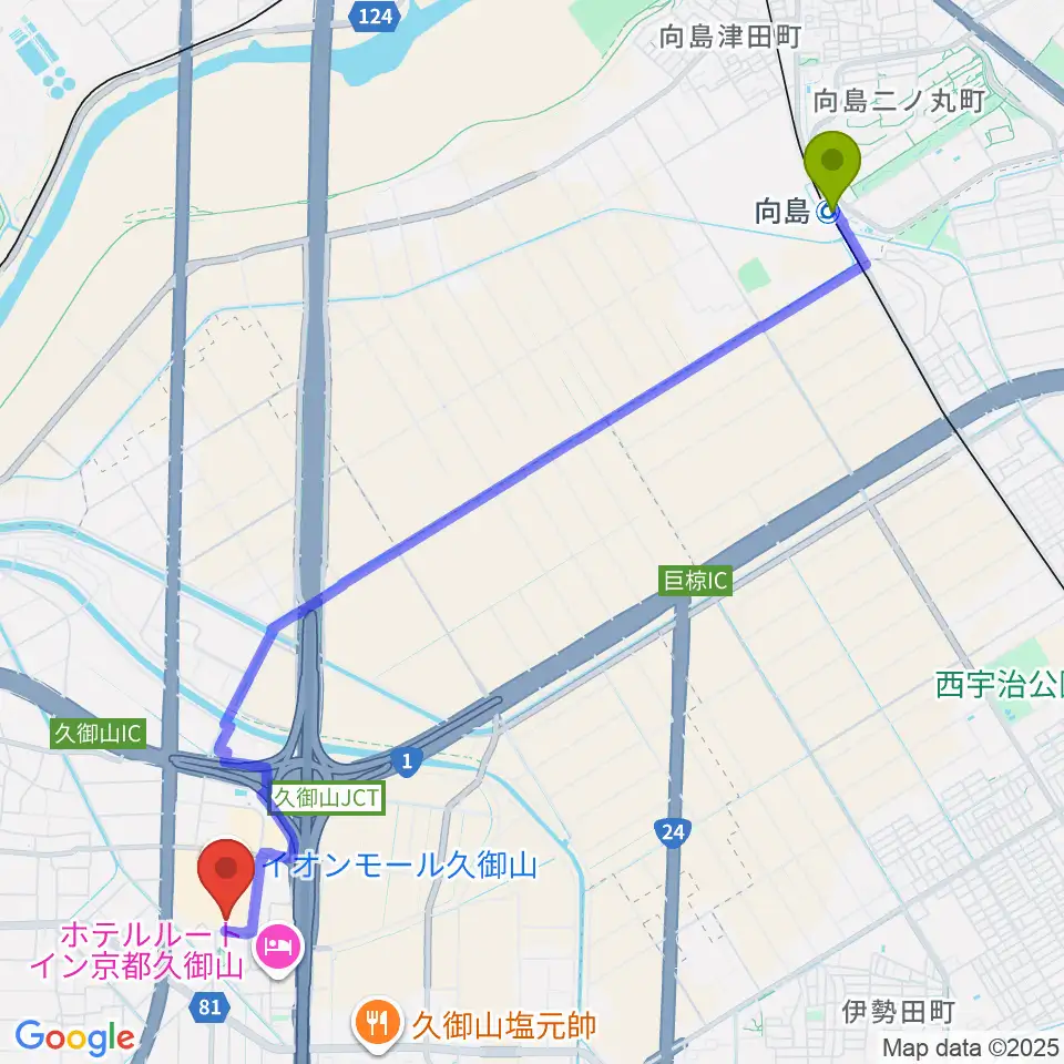 向島駅からJEUGIA イオンモール久御山店へのルートマップ地図
