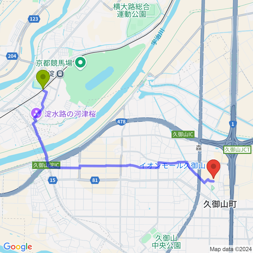 JEUGIA イオンモール久御山店の最寄駅淀駅からの徒歩ルート（約48分）地図