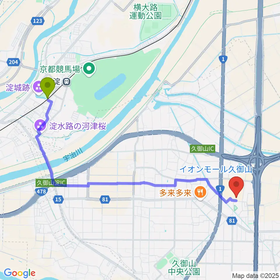 JEUGIA イオンモール久御山店の最寄駅淀駅からの徒歩ルート（約48分）地図