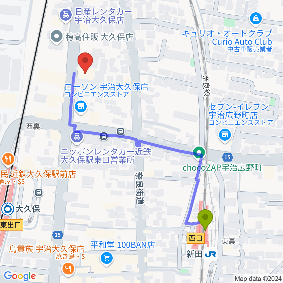 新田駅からJEUGIA 宇治大久保店へのルートマップ地図