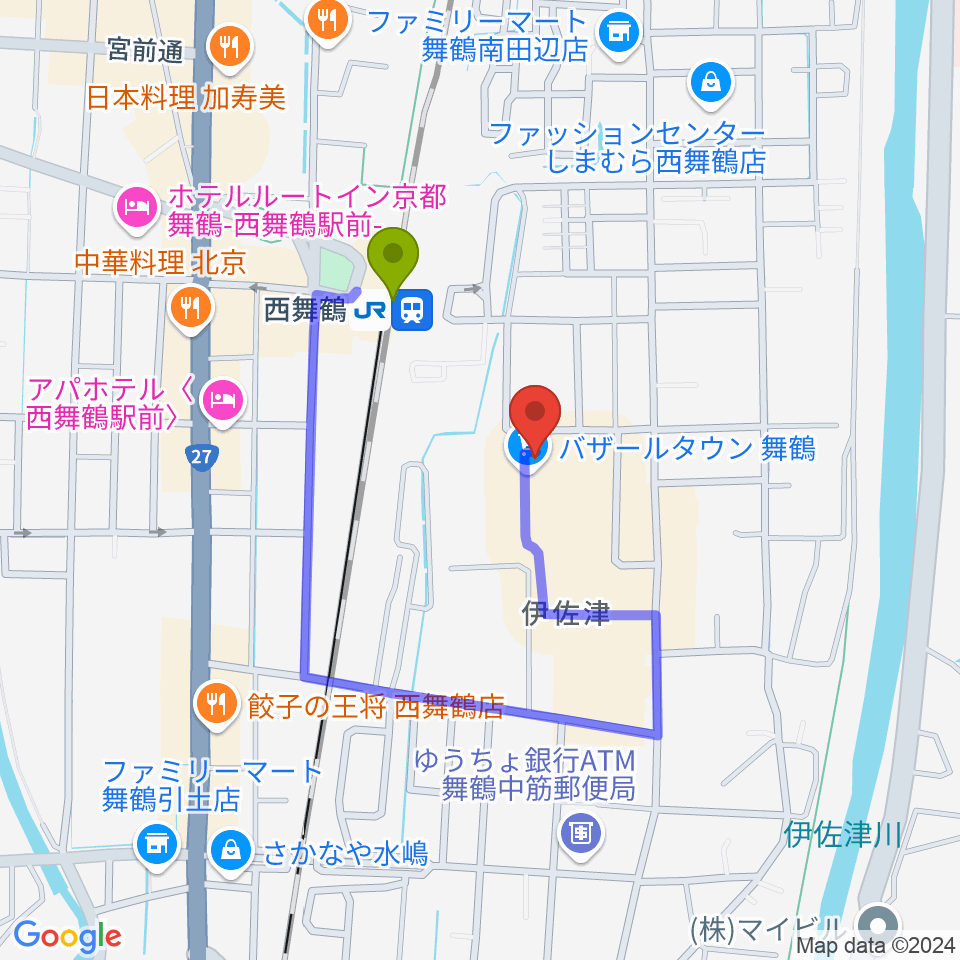 JEUGIA 西舞鶴センターの最寄駅西舞鶴駅からの徒歩ルート（約3分）地図