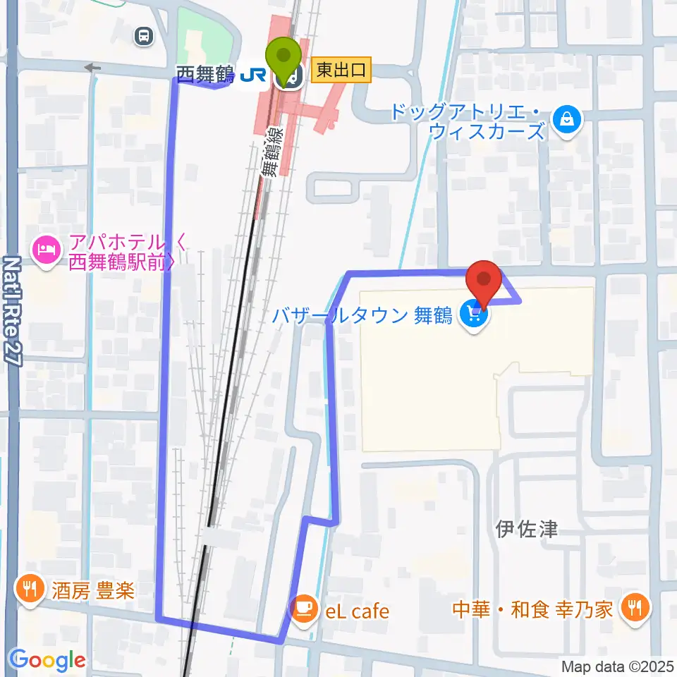 JEUGIA 西舞鶴センターの最寄駅西舞鶴駅からの徒歩ルート（約3分）地図