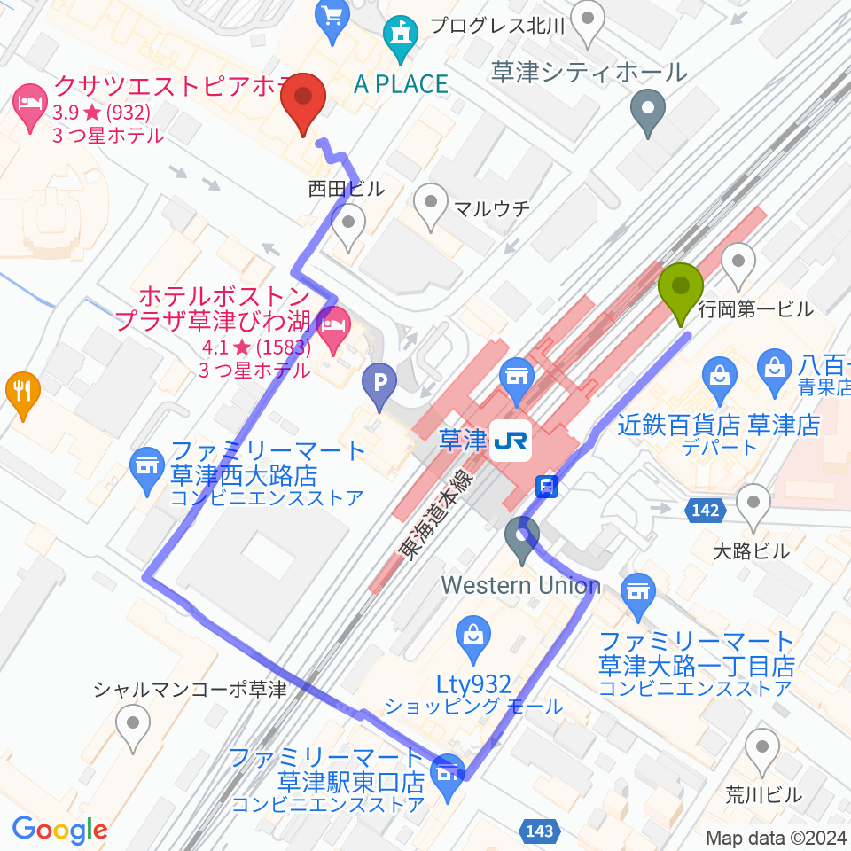 JEUGIA草津Aスクエア店の最寄駅草津駅からの徒歩ルート（約4分）地図