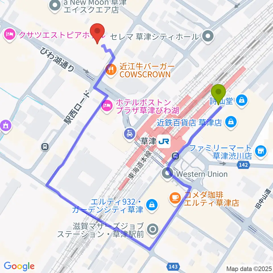 JEUGIA草津Aスクエア店の最寄駅草津駅からの徒歩ルート（約4分）地図
