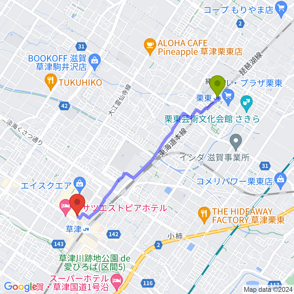 栗東駅からJEUGIA草津Aスクエア店へのルートマップ地図