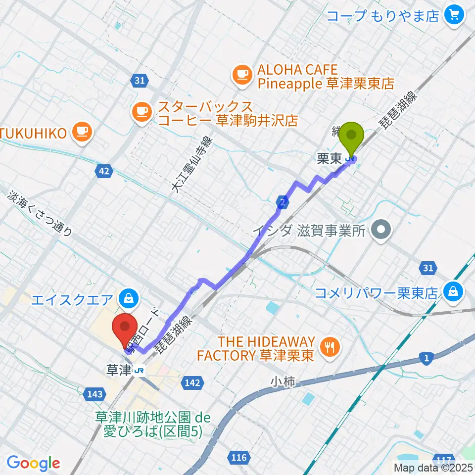 栗東駅からJEUGIA草津Aスクエア店へのルートマップ地図